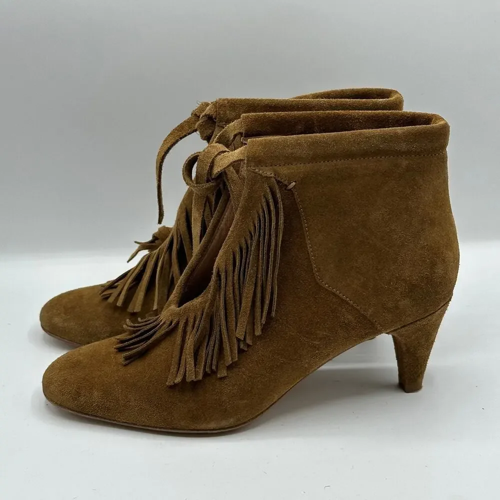 MAJE Suede Leather Fringe Tassel Kitten Heel Boots Camel Tan - Picture 4 of 8